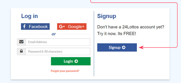 Log in or signup your 24lottos account